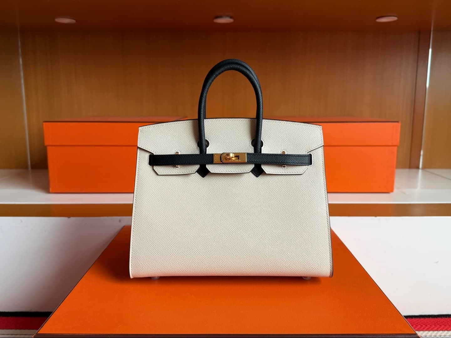 ELAVERE Ivory & Black Epsom Leather BK, Gold Hardware