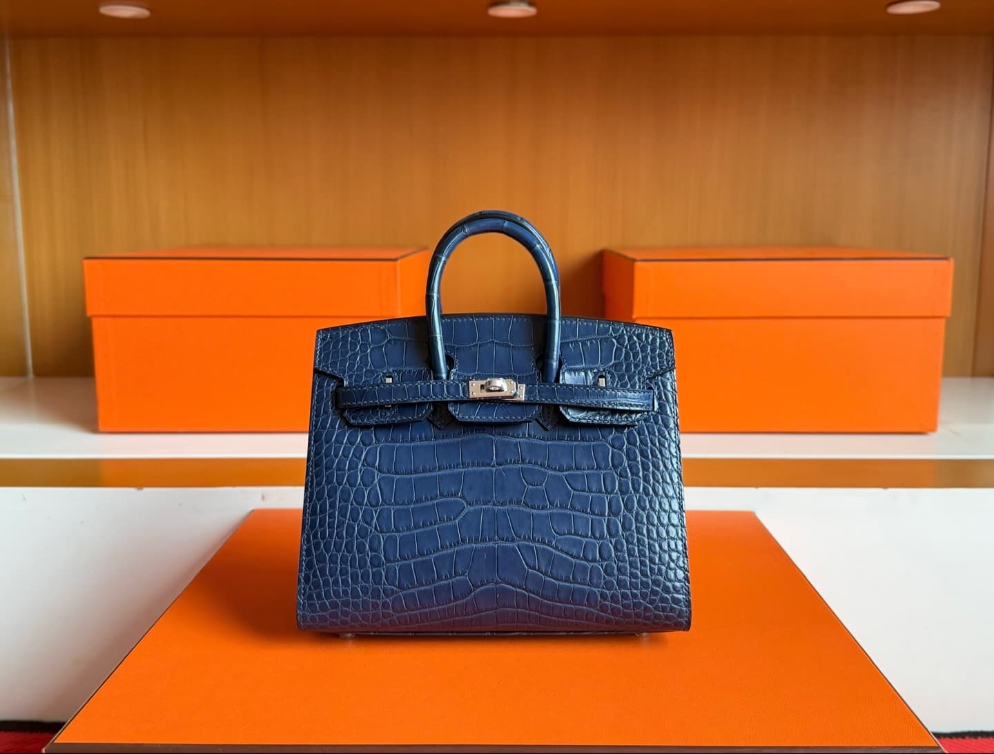 ELAVERE Mini BK — Deep Navy Matte Crocodile, Silver Hardware